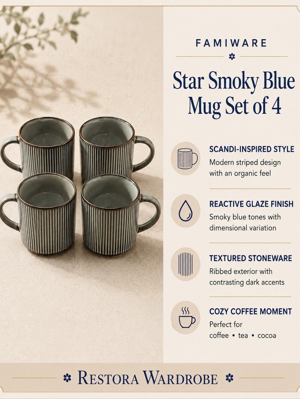 Famiware Star Scandi Smoky Blue Striped Reactive Glaze Coffee Mugs Set of 4